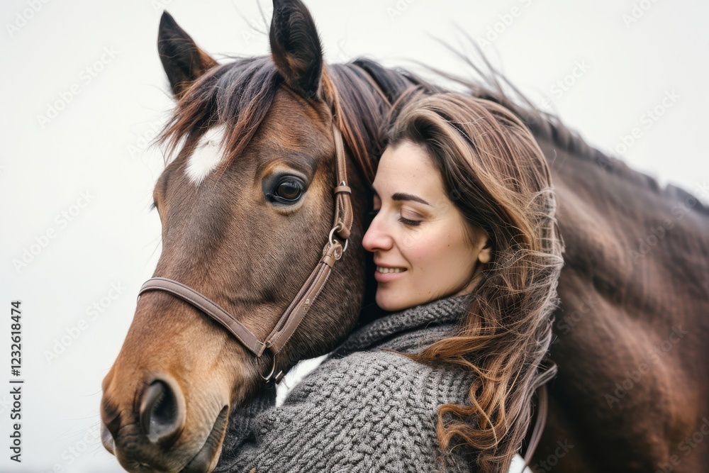 Wall mural Woman hugging a brown horse on a light background. Close-up