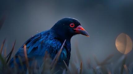 Obraz premium Iridescent bird dawn wetland portrait, moonlit background