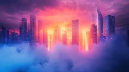 A futuristic city skyline shrouded in mist, with glowing lights and ethereal energy emanating from the buildings.