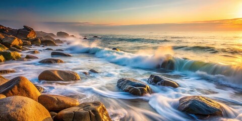 Obraz premium Silky sea waves gently lapping against a rocky shoreline on a misty morning, morning light , sea ripple water with morning fog