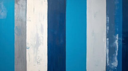 Hard-edge abstract with precise vertical stripes in alternating blue, gray, and white
