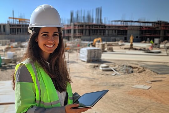 Female architect using digital tablet at construction site for working women's day