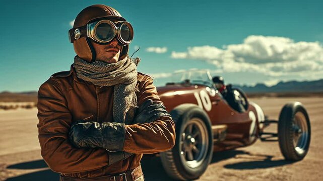 Vintage race car driver in leather gear and goggles standing confidently in front of a classic racing car in the desert