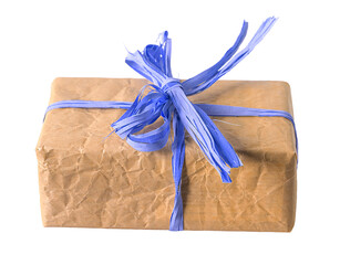 A gift wrapped in brown craft crumpled paper and tied with a single string. Simple gift wrapping....