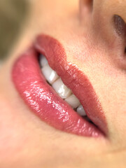 female lips and teeth close-up.