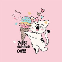 Adorable vector illustration of a cute cat happily enjoying an ice cream cone, joyful and playful
