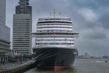 Brand new ocean liner cruiseship cruise ship Queen Anne in port of Rotterdam, Holland with...