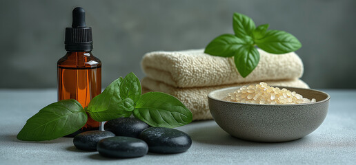 A tranquil spa setting featuring neatly rolled white towels, fresh green leaves, and smooth black hot stones. An amber bottle of essential oil and a bowl of sea salt complete the scene, 