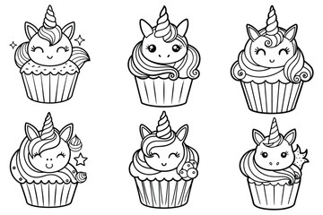 a cupcake topped line art with a unicorn head coloring page vector