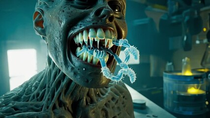 The zombie is a failed experiment with alien parasites writhing inside its mouth as the camera moves deeper, revealing a monstrous second jaw