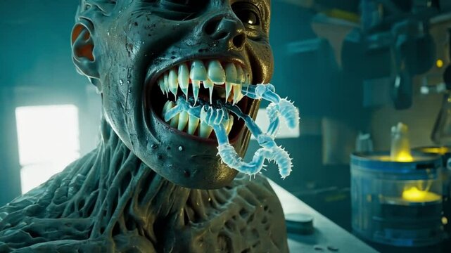 The zombie is a failed experiment with alien parasites writhing inside its mouth as the camera moves deeper, revealing a monstrous second jaw