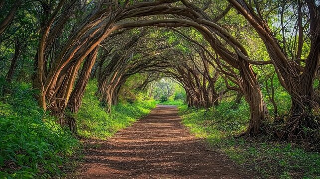 A forest trail lined with eucalyptus trees, showcasing their long branches stretching into the sky.