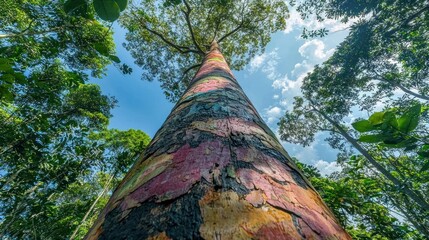 A vibrant rainbow eucalyptus tree with its colorful, peeling bark standing tall in a lush green forest.
