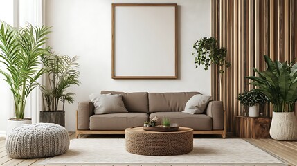 Modern living room interior with sofa, plants, and blank frame.