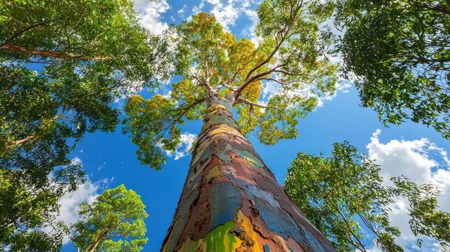 A vibrant rainbow eucalyptus tree with its colorful, peeling bark standing tall in a lush green forest.