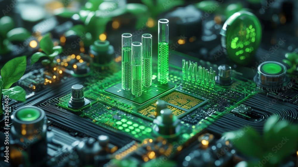 Poster close up of computer circuit board with green and white electronic components and intricate wiring d