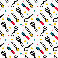 Colorful kitchen utensil pattern, playful design, white background, website decor