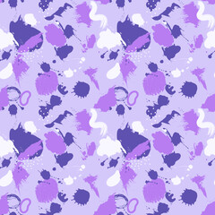 seamless pattern features an abstract design with various shades of purple, violet, and lavender paint splatters and blots, creating a vibrant and dynamic texture