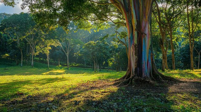 A tropical landscape with a rainbow eucalyptus tree at its center, showcasing its multi-colored bark and lush surroundings.