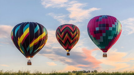 Fototapeta premium Three hot air balloons at dawn, scenic flight