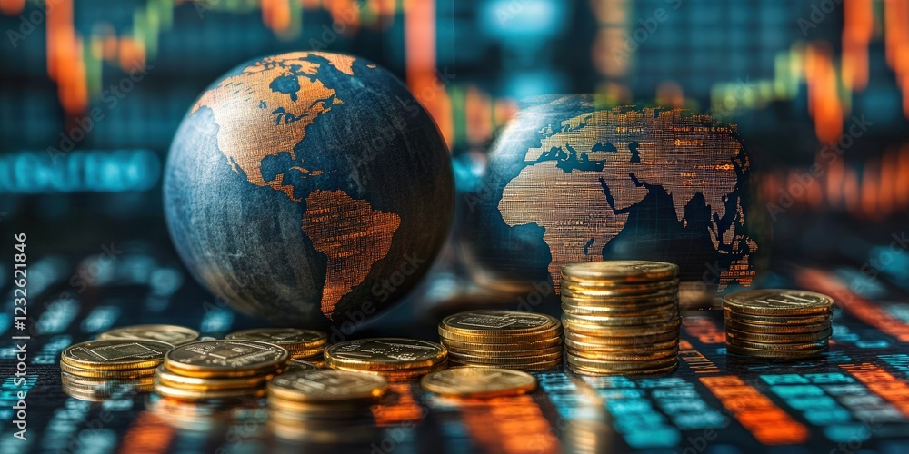 Poster globe and assorted coins displayed on a wooden table representing global currency and geography