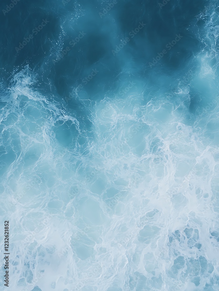 Poster Aerial view of ocean waves creating a dynamic pattern in shades of blue.