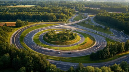 Highway aerial view showing a roundabout with dynamic traffic patterns captured at dusk