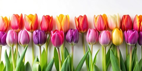 Vibrant spring tulips arranged in a neat row against a soft white background, garden arrangement, colorful tulips
