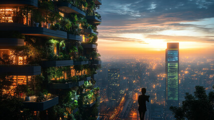 A high-tech cityscape at sunset, featuring sustainable skyscrapers covered in vertical gardens. Autonomous electric cars move along smart roads with integrated LED pathways.