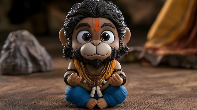 Cute monkey figurine, yoga pose, dark background, fantasy setting, children's book illustration