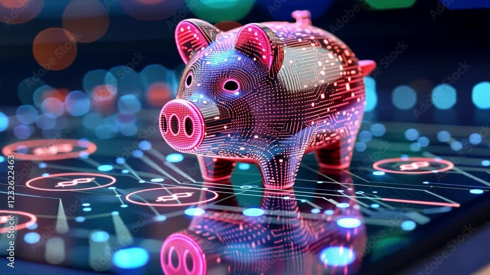 Poster digital piggy bank illuminated with vibrant colors reflecting on a futuristic interface