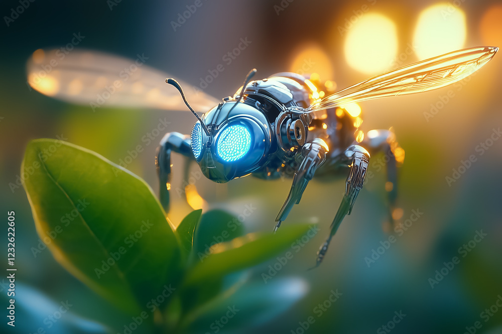 Poster a robotic insect is hovering above a small green leaf, illuminated by soft light. the advanced desig