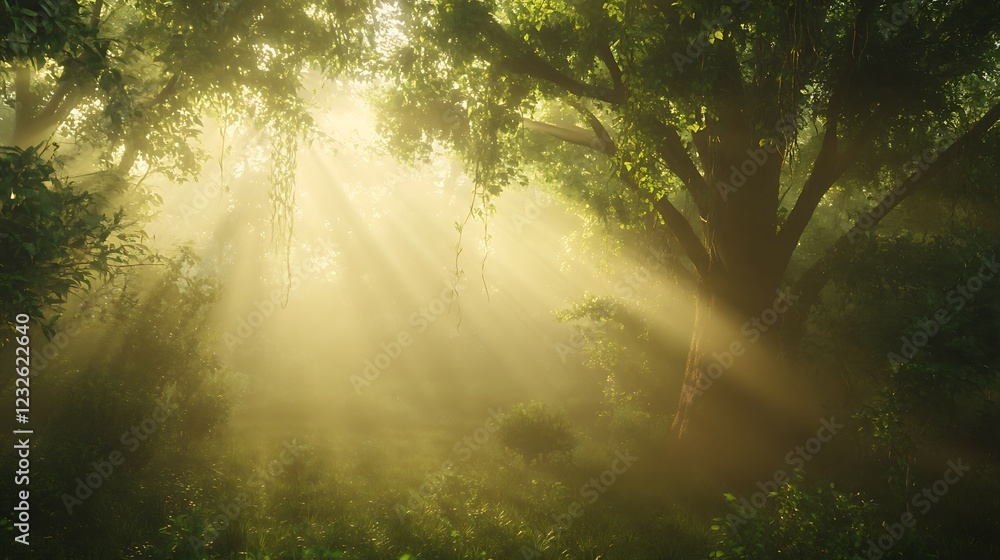 Aufkleber Sunlight filters through a dense forest, creating a serene and mystical atmosphere.