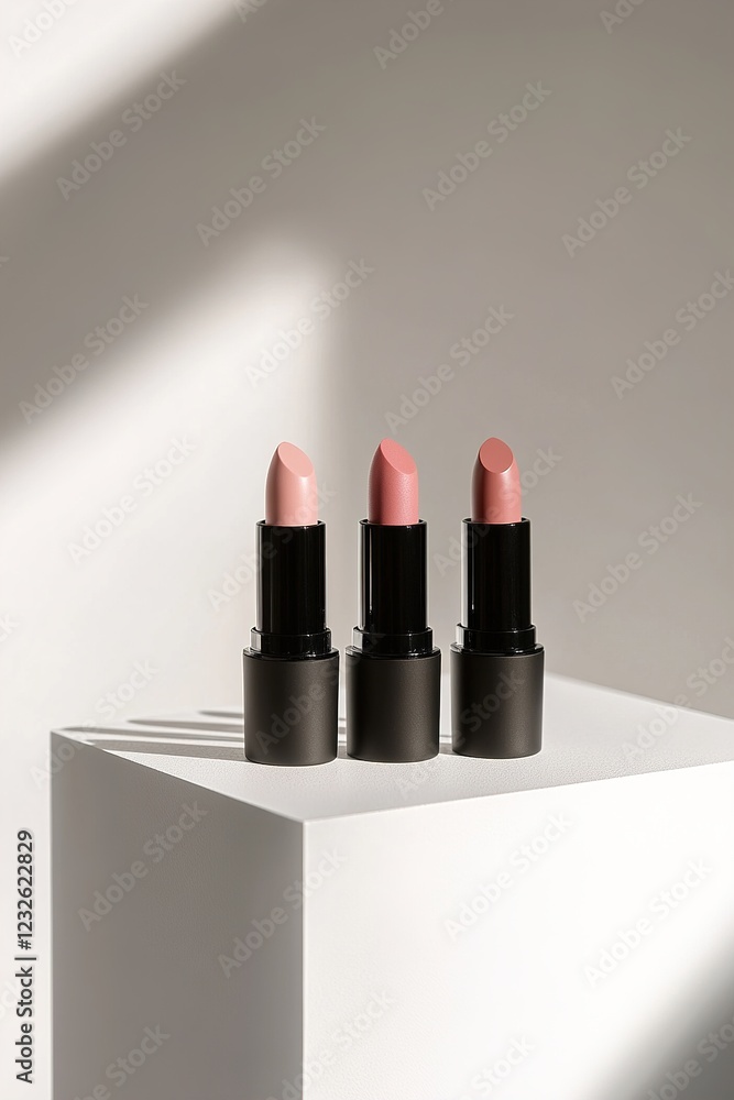 Poster three lipsticks with sleek packaging stand upright on a minimal surface, softly illuminated to highl
