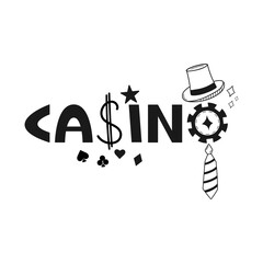 Casino word stylized with gambling-themed elements. Vector illustration. Dollar sign, poker chip, top hat, tie, card suits. Gaming, betting, luxury entertainment concept.