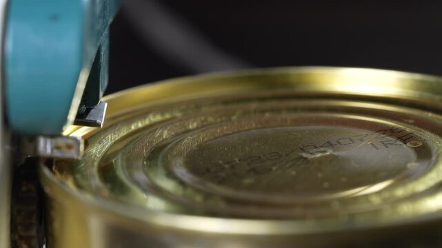 Opening a metal can of seafood in tomato sauce with a electronic key, close up. Sprat in tomato sauce