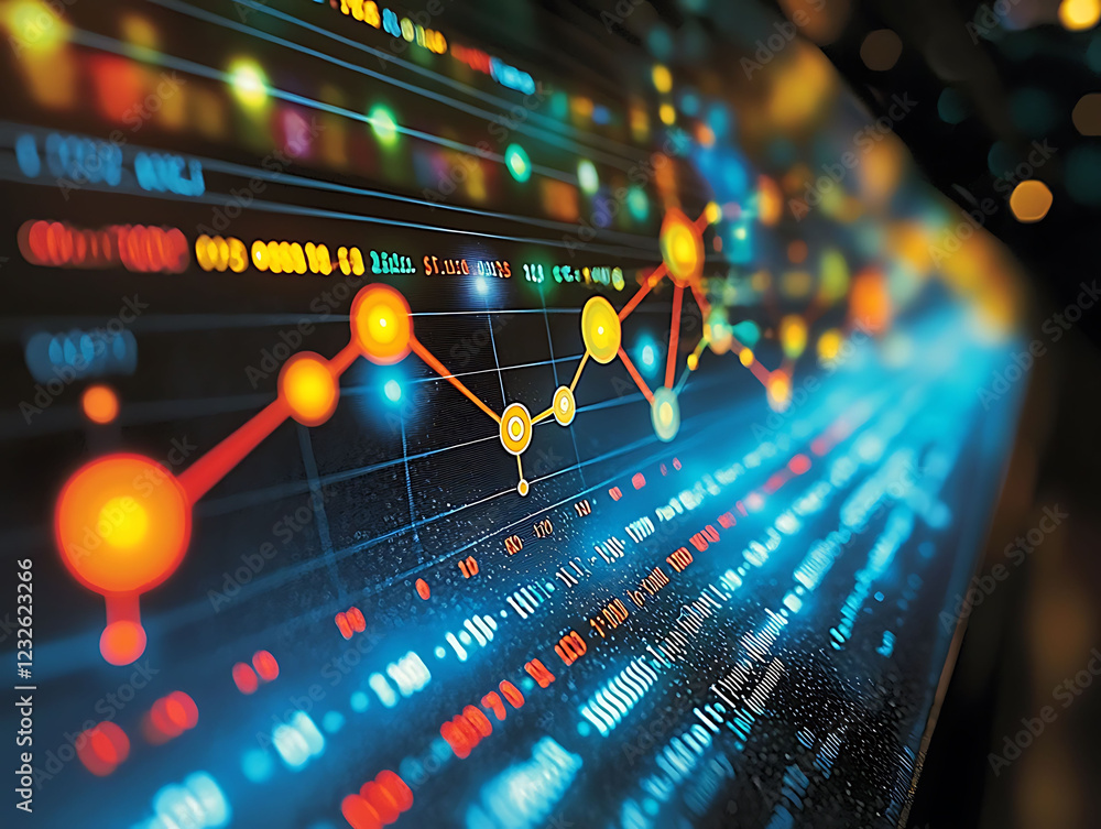 Poster dynamic stock market graph displayed on a futuristic screen. vibrant colors and glowing nodes illust