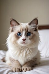 araffy cat with blue eyes sitting on a bed