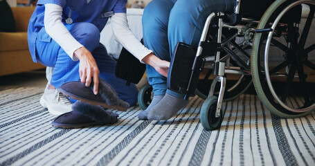 Hands, nurse or shoes with wheelchair for assisted living, support or elderly care at retirement or...