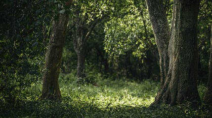 Fototapeta premium A peaceful forest with the textured bark of eucalyptus trees standing out against a backdrop of green foliage.