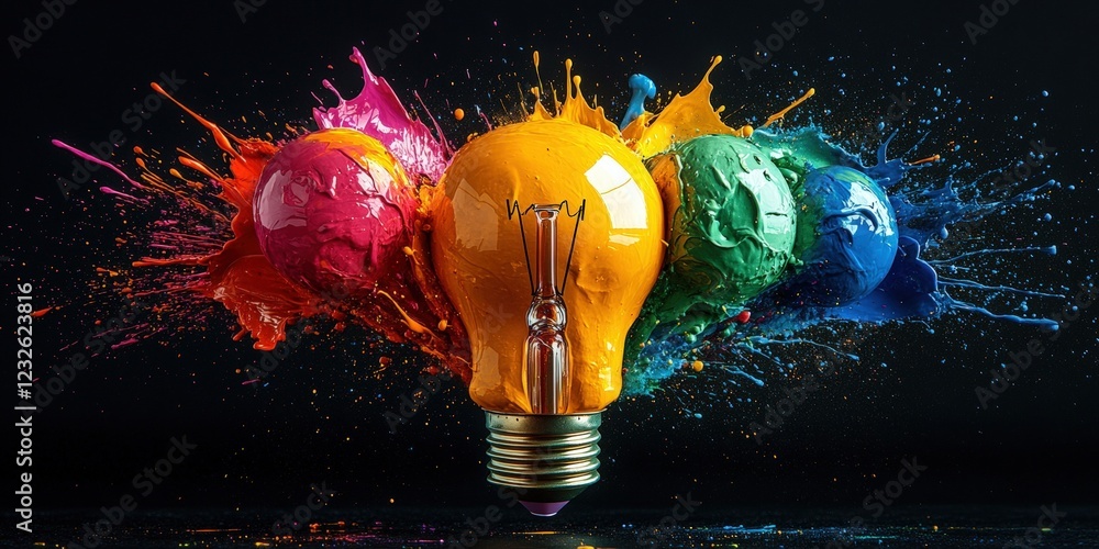 Aufkleber lightbulb surrounded by colorful paint splashing and dripping in creative art concept