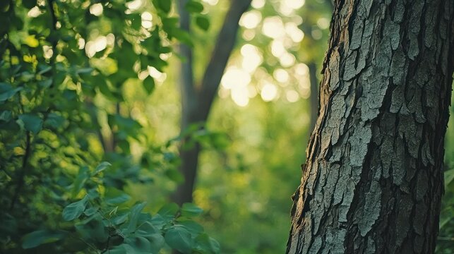 A peaceful forest with the textured bark of eucalyptus trees standing out against a backdrop of green foliage.