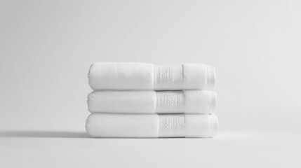 A neatly folded white towel stacked on a white background