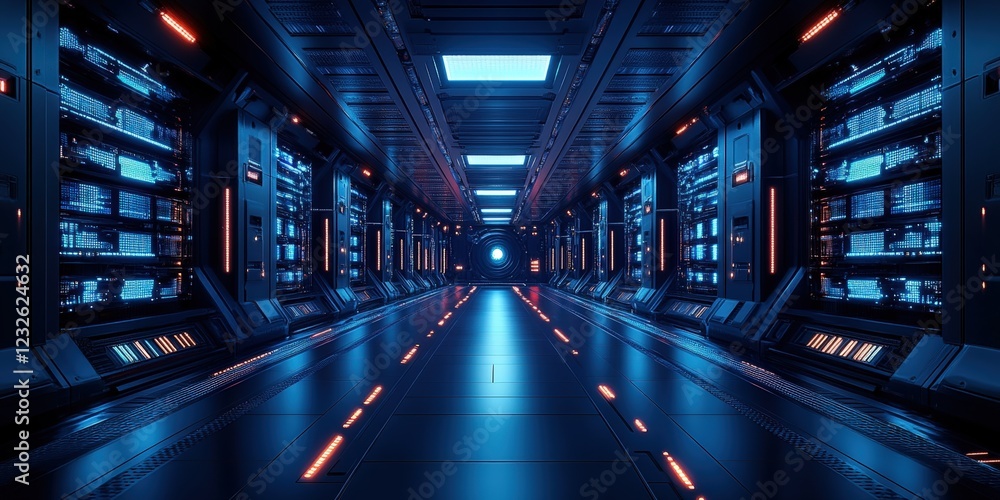 Poster long corridor filled with multiple computers and monitors in a modern office environment