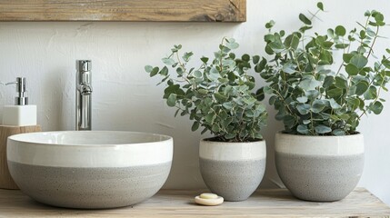 Fototapeta premium A calm bathroom setting with eucalyptus plants in decorative pots placed by the sink, giving a fresh, clean ambiance.