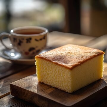 Slice of castella japanese sponge cake on a wooden board with decorative elements