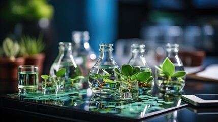 Close-up of a sustainability consultant's desk with environmental reports and green technology HD 8K wallpaper Photographic Image
