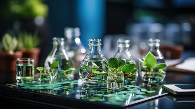 Close-up of a sustainability consultant's desk with environmental reports and green technology HD 8K wallpaper Photographic Image