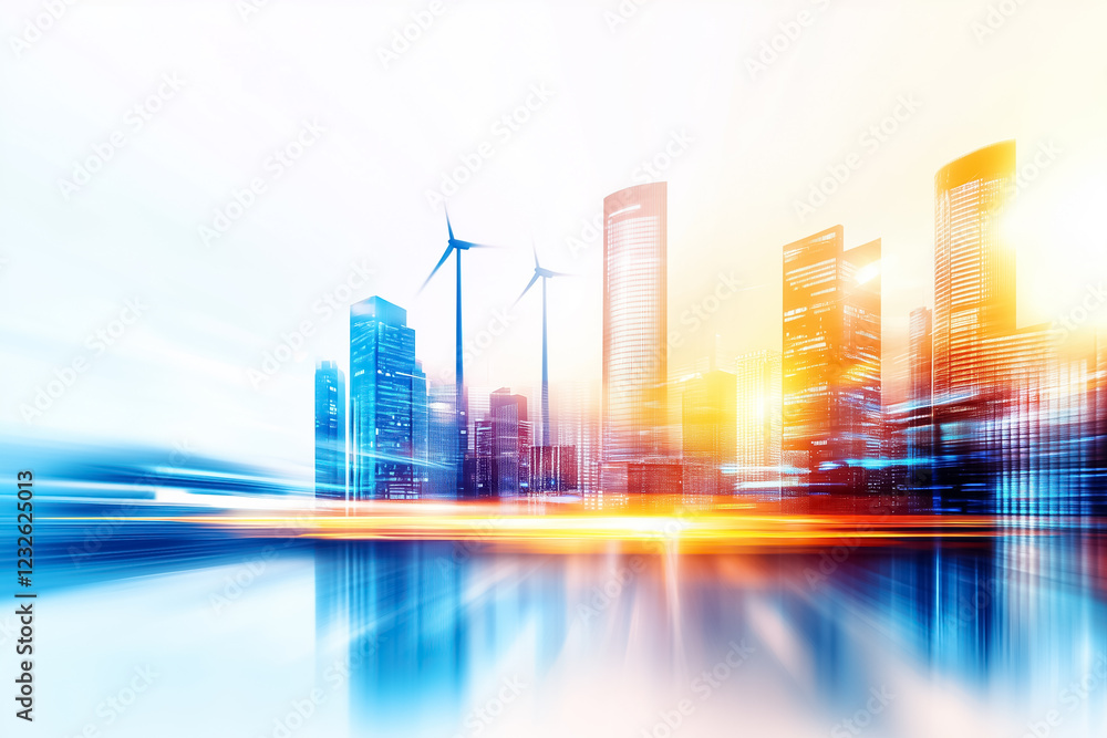 Poster abstract skyline features dynamic wind turbines subtly rising behind modern buildings, capturing a v
