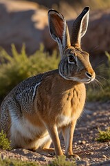 there is a small rabbit sitting on the ground in the desert